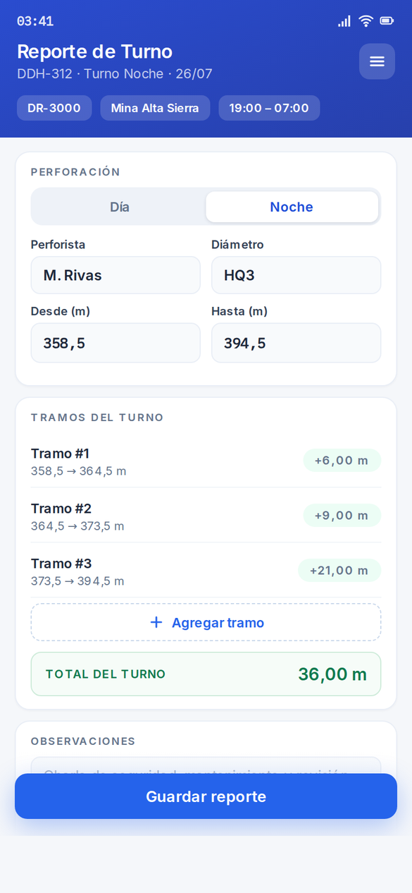 Vektor en un teléfono: formulario de reporte de turno con perforista, diámetro, tramos y total de metros del turno.